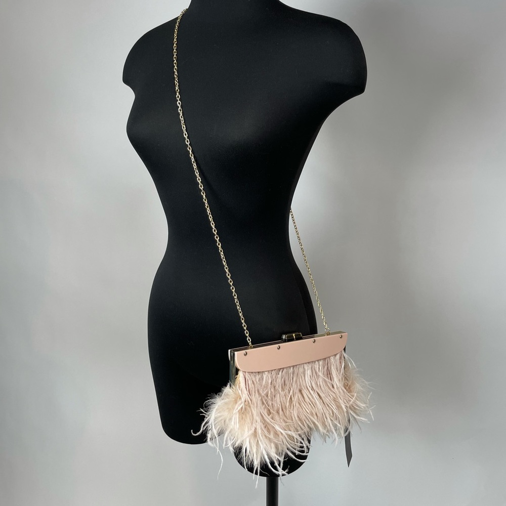 BCBG ostrich feather, blush and gold crossbody purse